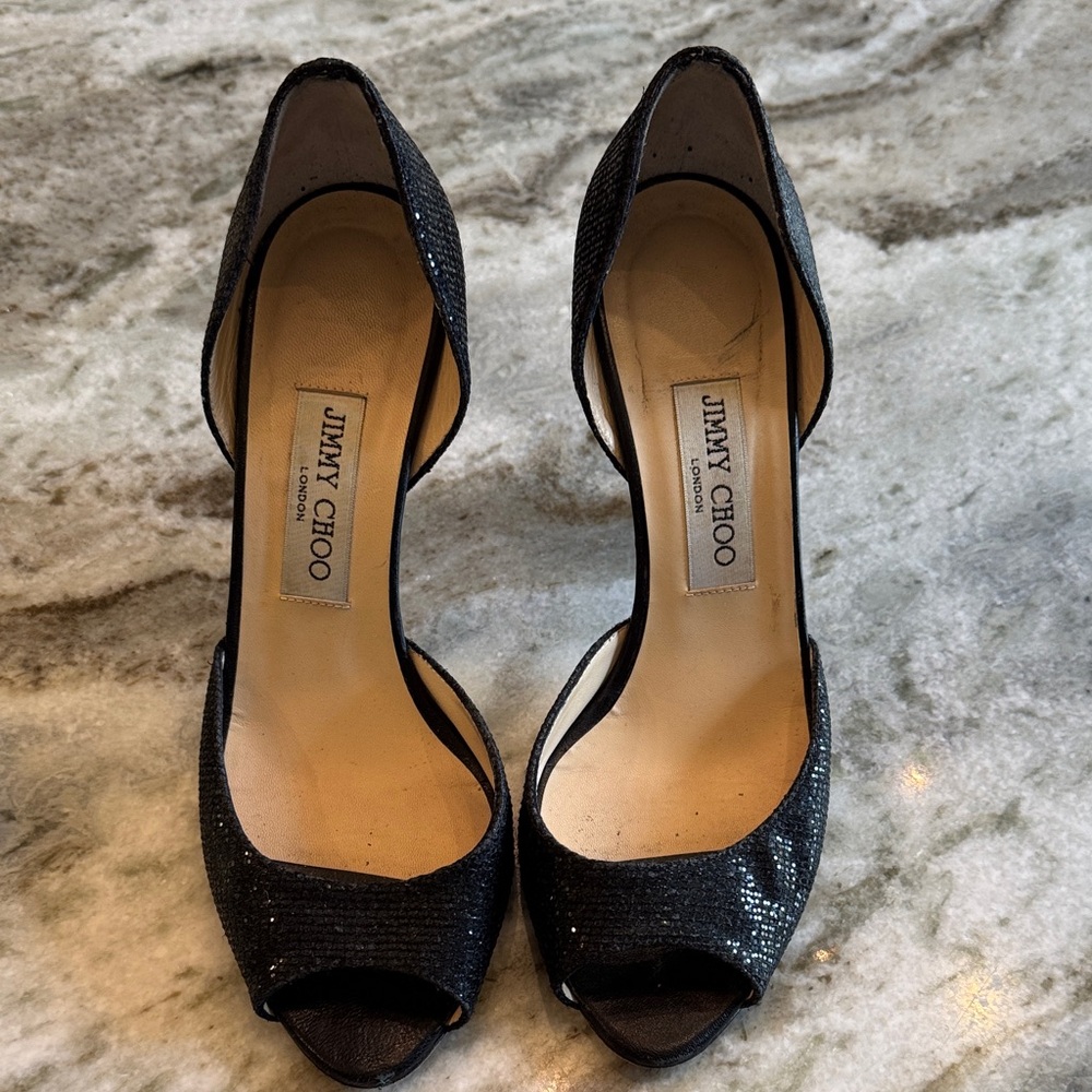 Jimmy Choo Glitter Black Peep Toe Heels
